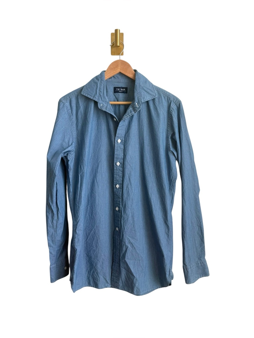 Tie Bar Trim Fit Chambray Button Up Shirt 15.5 34/35 Blue Cotton Mens